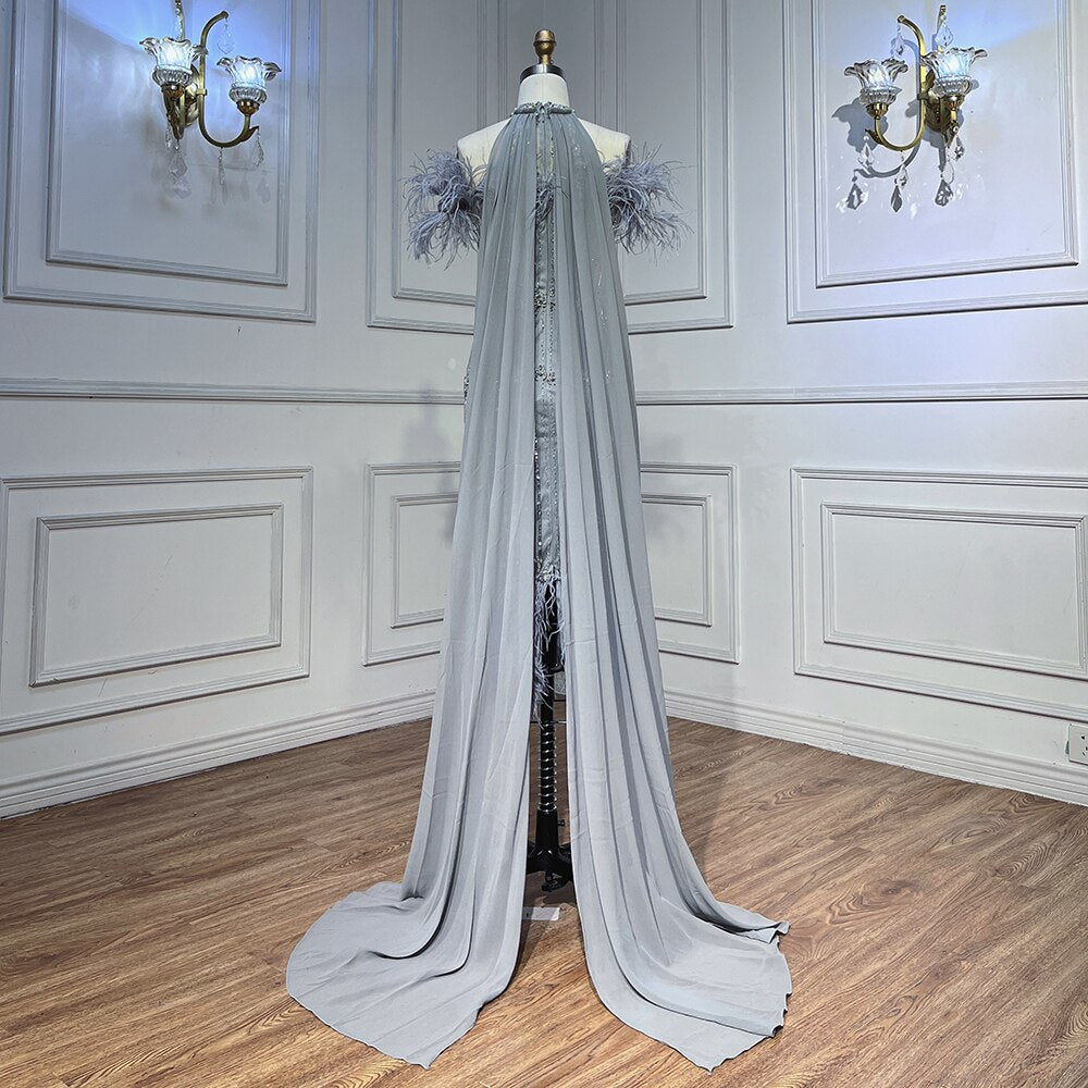 Vestidos de noche árabes grises con cuentas, midi, hasta los tobillos, con capa de plumas, para mujer, 2025, para fiesta de boda LA72060