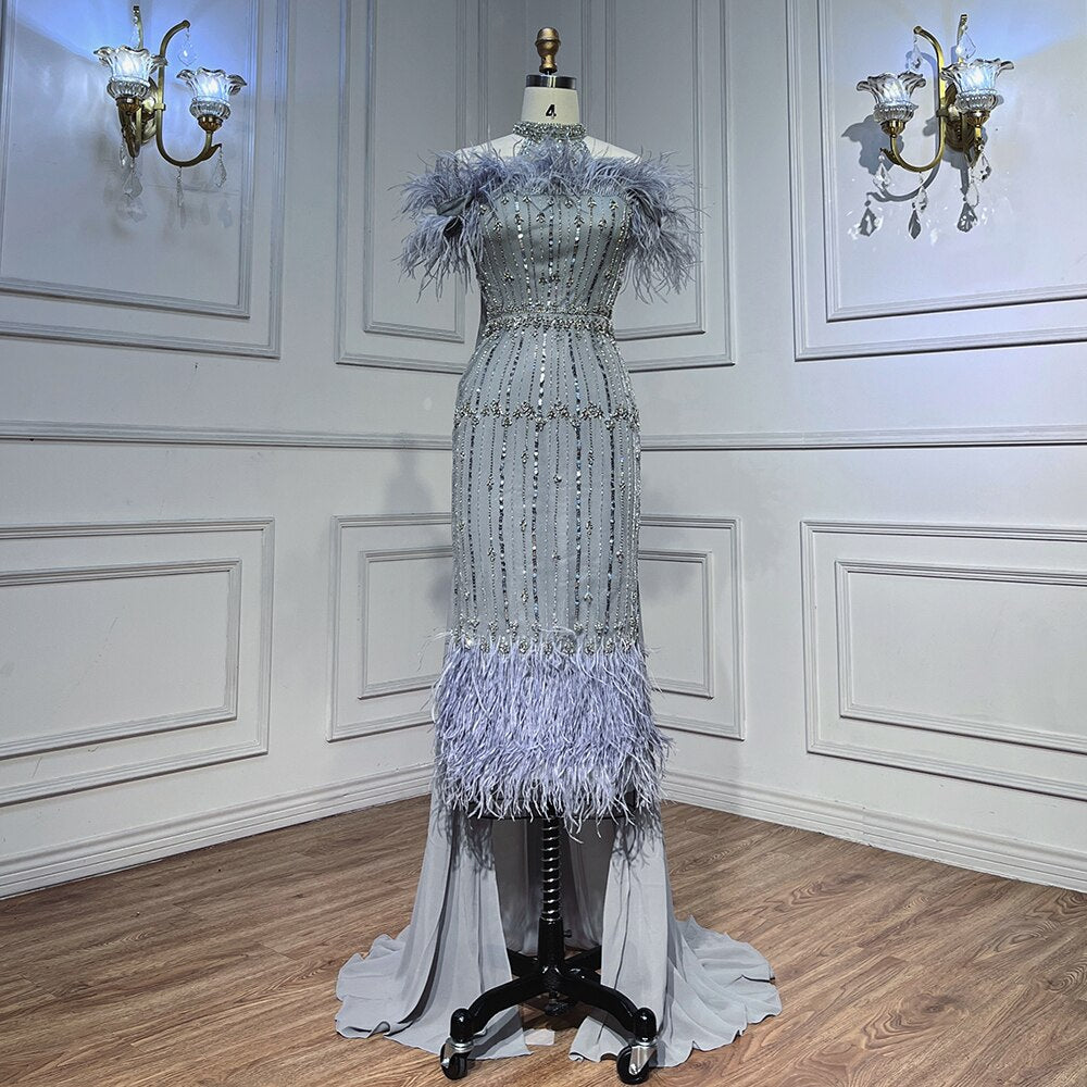 Vestidos de noche árabes grises con cuentas, midi, hasta los tobillos, con capa de plumas, para mujer, 2025, para fiesta de boda LA72060