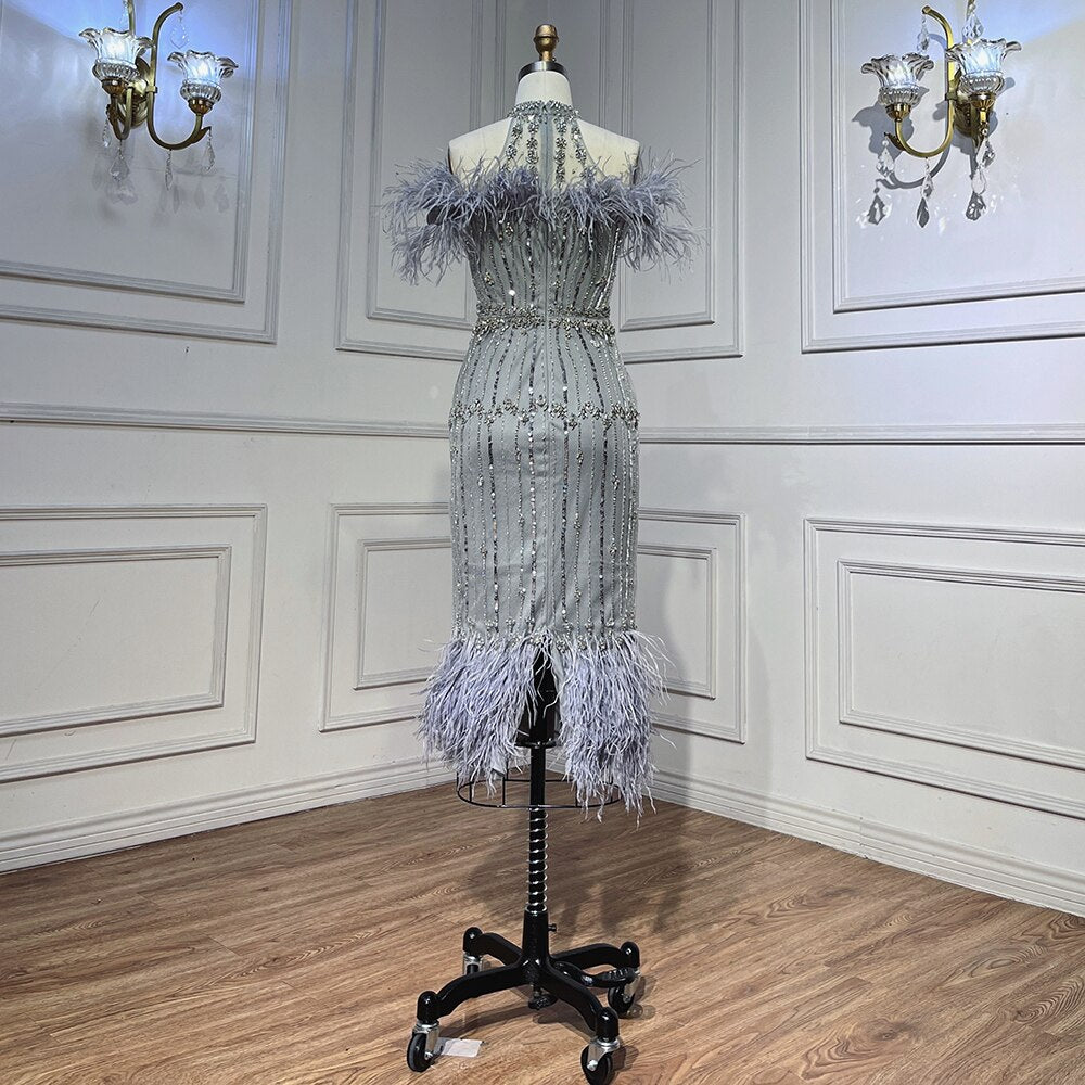Vestidos de noche árabes grises con cuentas, midi, hasta los tobillos, con capa de plumas, para mujer, 2025, para fiesta de boda LA72060