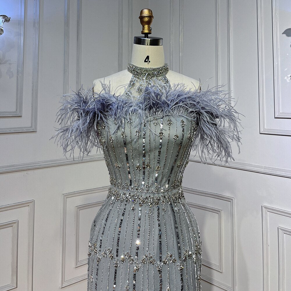 Vestidos de noche árabes grises con cuentas, midi, hasta los tobillos, con capa de plumas, para mujer, 2025, para fiesta de boda LA72060