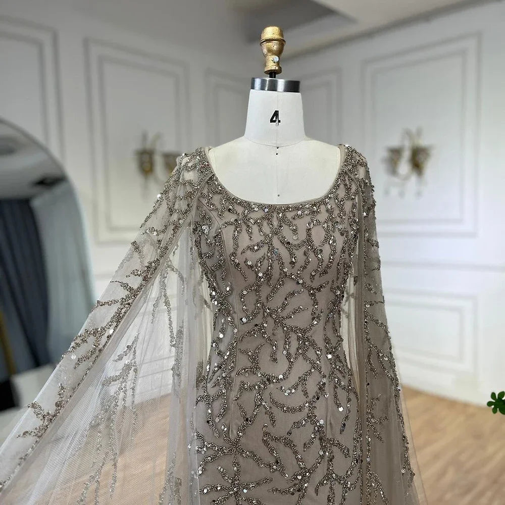 Vestidos de noche árabes de sirena gris, elegantes, con mangas estilo capa y cuentas de lujo, para mujer, para fiesta de bodas, LA72149