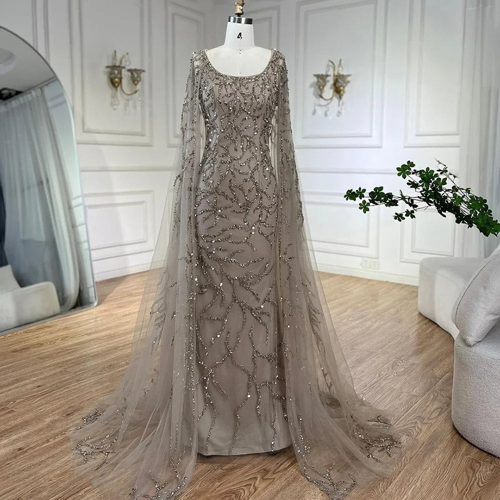 Vestidos de noche árabes de sirena gris, elegantes, con mangas estilo capa y cuentas de lujo, para mujer, para fiesta de bodas, LA72149