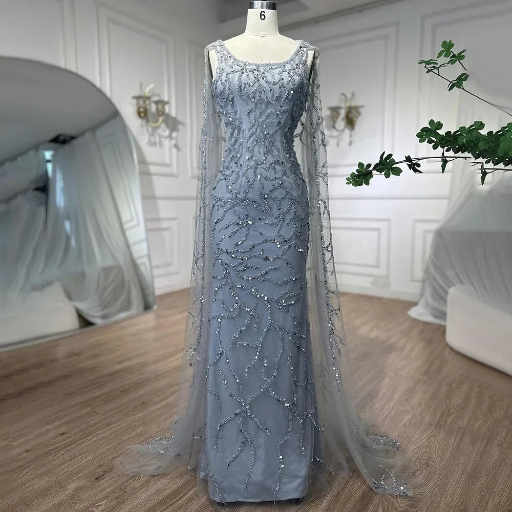 Vestidos de noche árabes de sirena gris, elegantes, con mangas estilo capa y cuentas de lujo, para mujer, para fiesta de bodas, LA72149