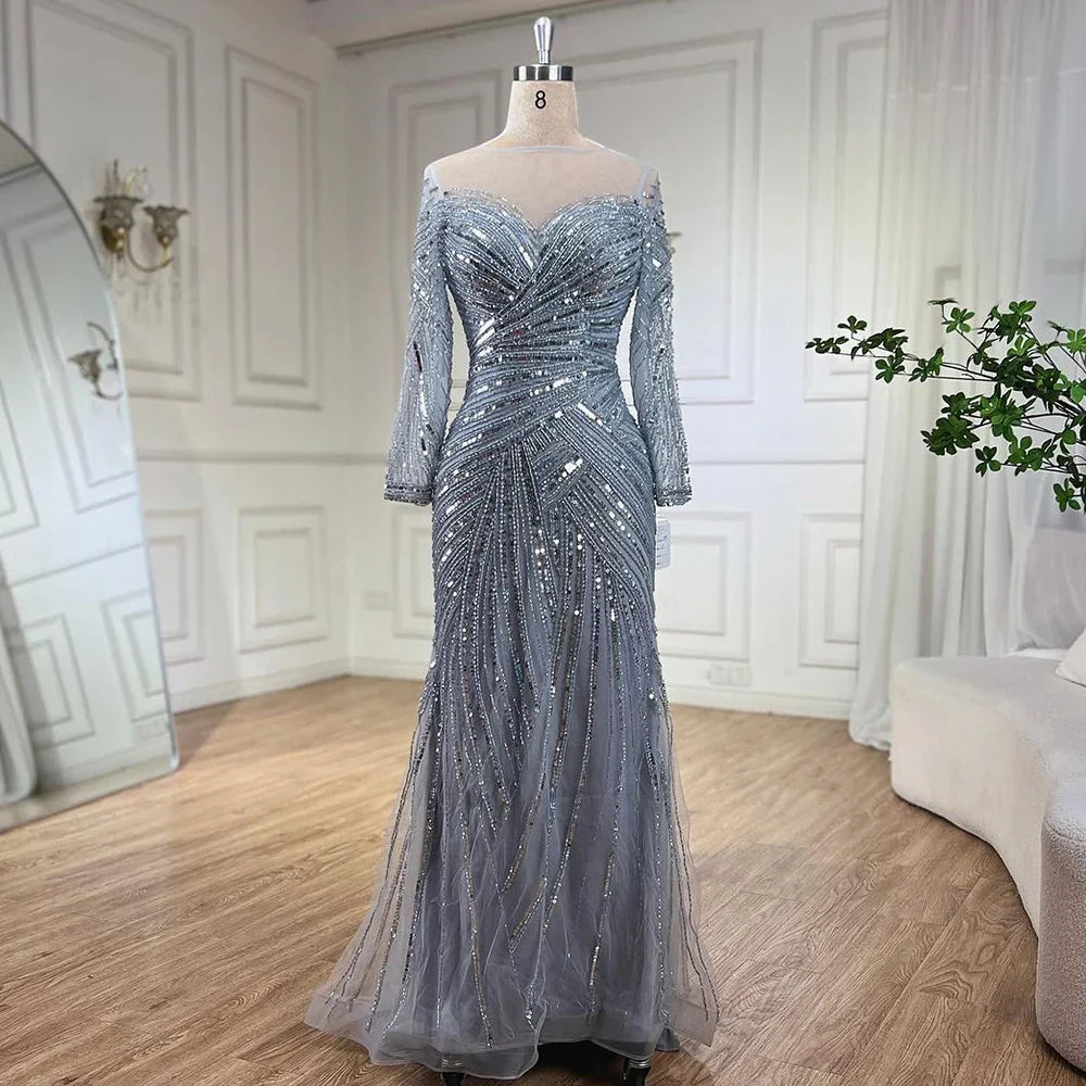 Vestidos de noche de sirena con cuentas, elegantes vestidos de fiesta largos hasta el suelo, para mujer, estilo musulmán, color gris, para boda 2025, LA72295