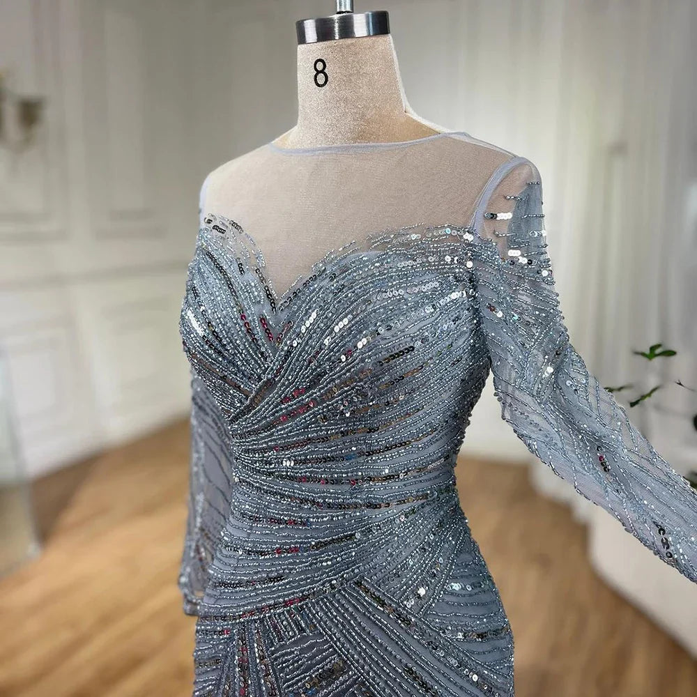 Vestidos de noche de sirena con cuentas, elegantes vestidos de fiesta largos hasta el suelo, para mujer, estilo musulmán, color gris, para boda 2025, LA72295