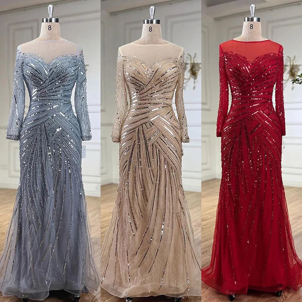 Vestidos de noche de sirena con cuentas, elegantes vestidos de fiesta largos hasta el suelo, para mujer, estilo musulmán, color gris, para boda 2025, LA72295