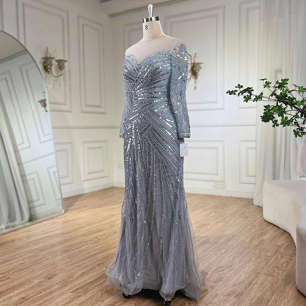 Vestidos de noche de sirena con cuentas, elegantes vestidos de fiesta largos hasta el suelo, para mujer, estilo musulmán, color gris, para boda 2025, LA72295