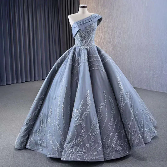 Vestido de novia gris de un solo hombro con encaje y cuentas, de lujo, 2025, de alta gama, hecho a medida, HM231074