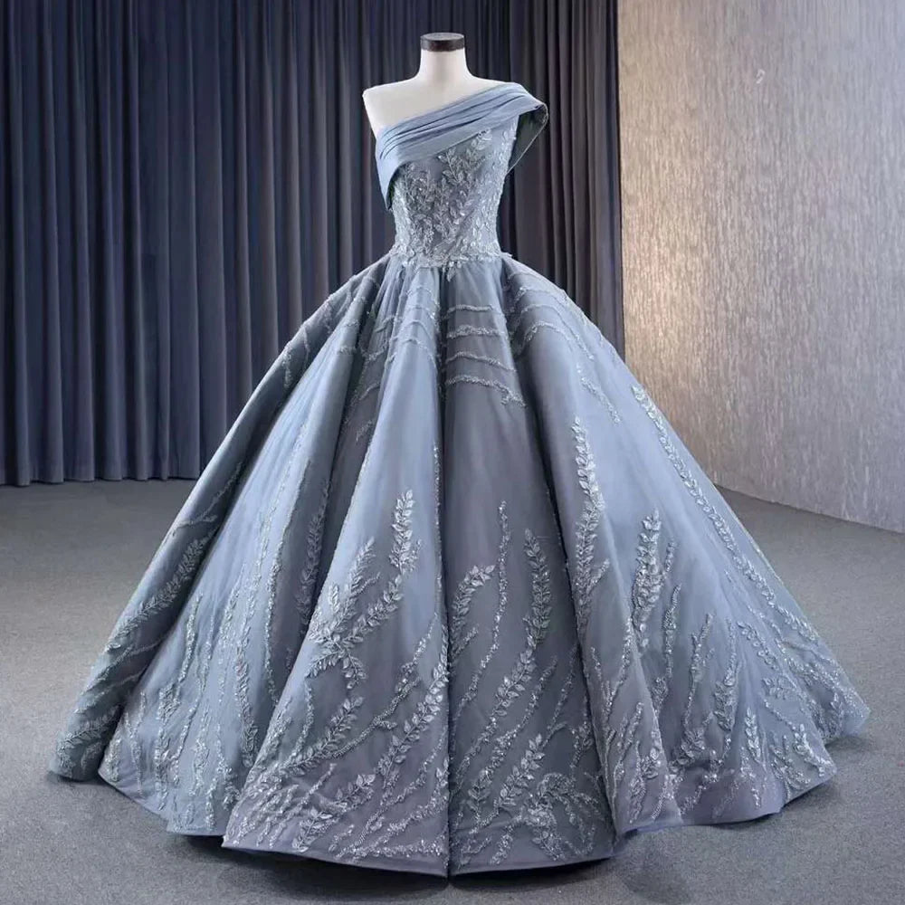Vestido de novia gris de un solo hombro con encaje y cuentas, de lujo, 2025, de alta gama, hecho a medida, HM231074