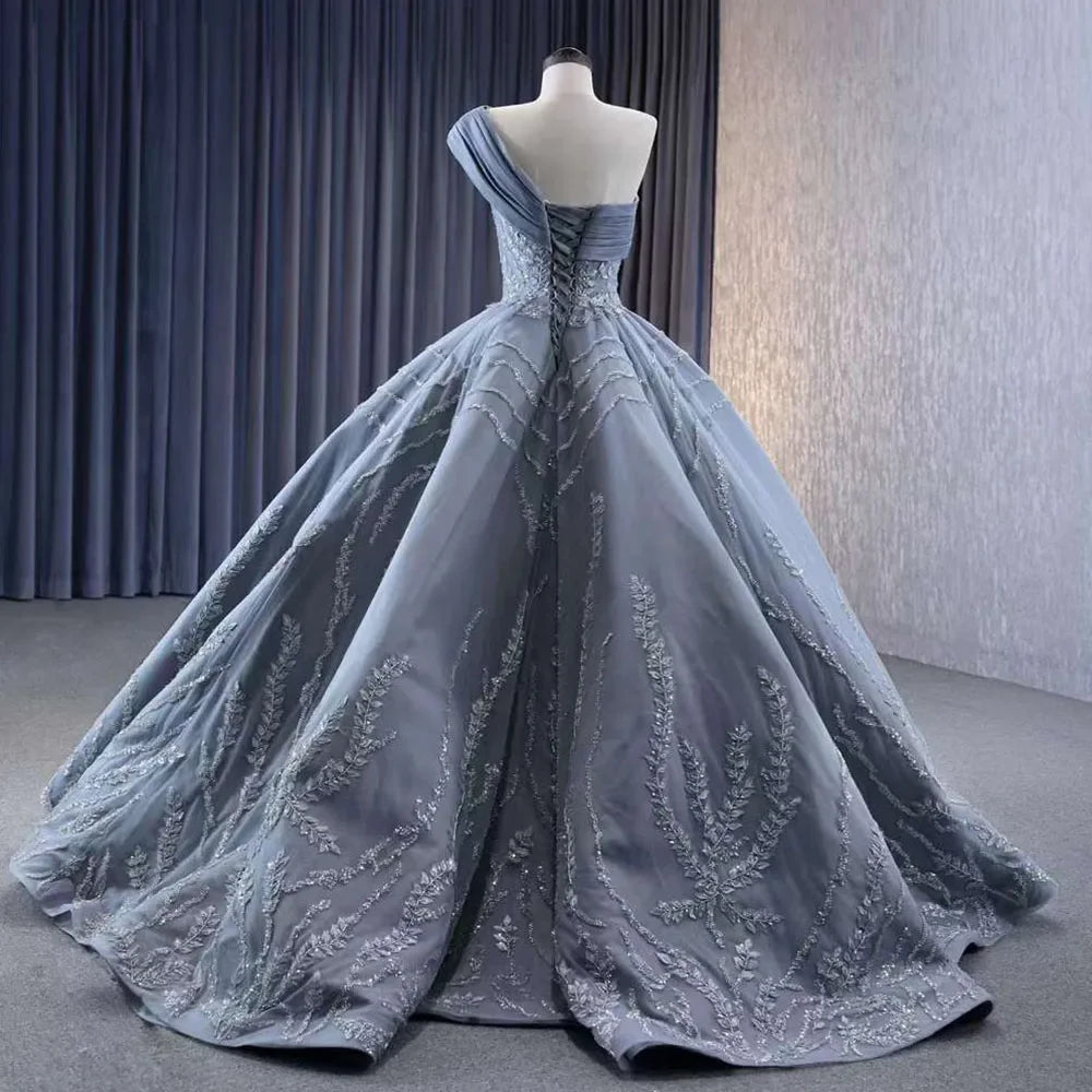 Vestido de novia gris de un solo hombro con encaje y cuentas, de lujo, 2025, de alta gama, hecho a medida, HM231074