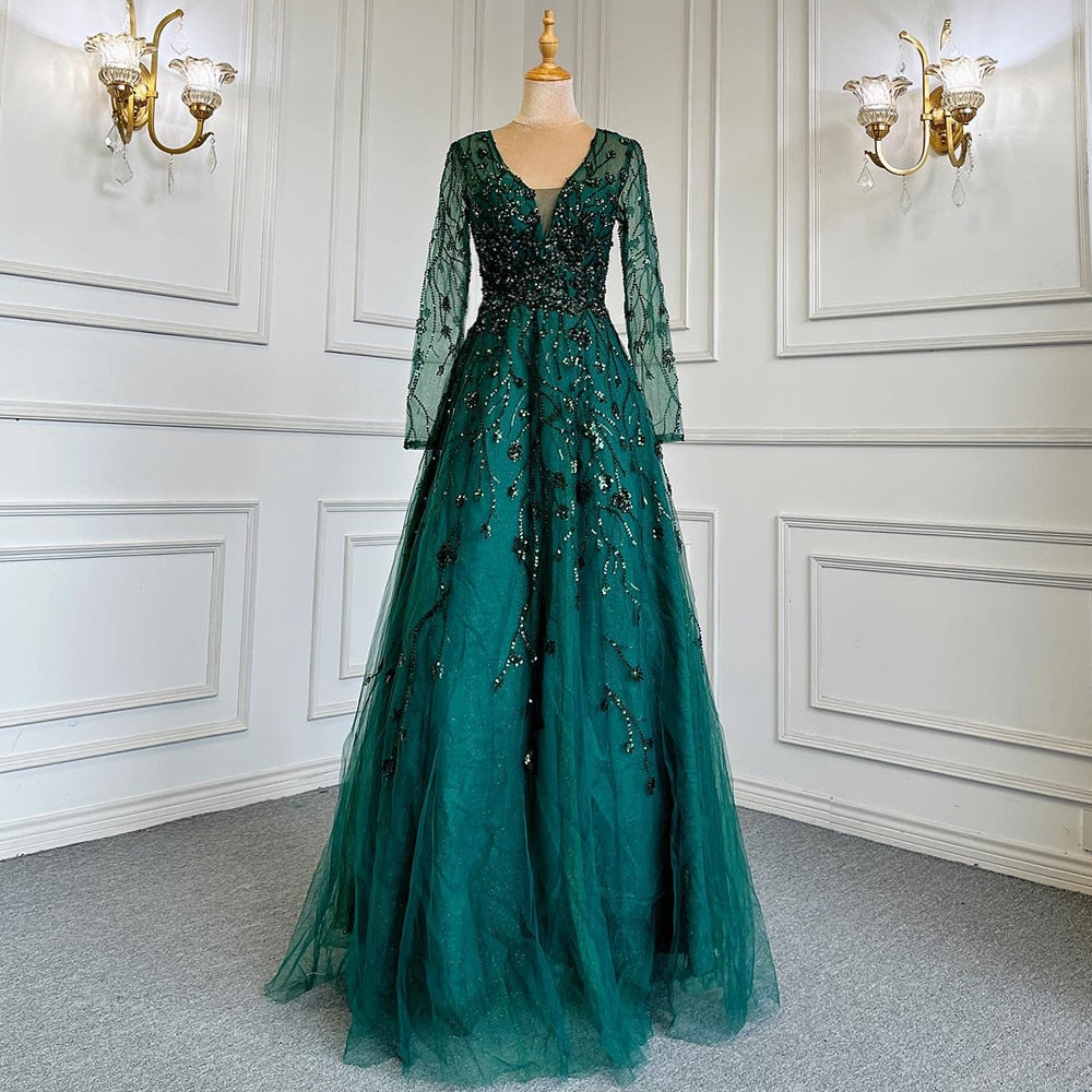 Vestido de noche verde de corte A con escote en V y mangas largas, de lujo, con cuentas, para mujer, boda, fiesta, LA71702