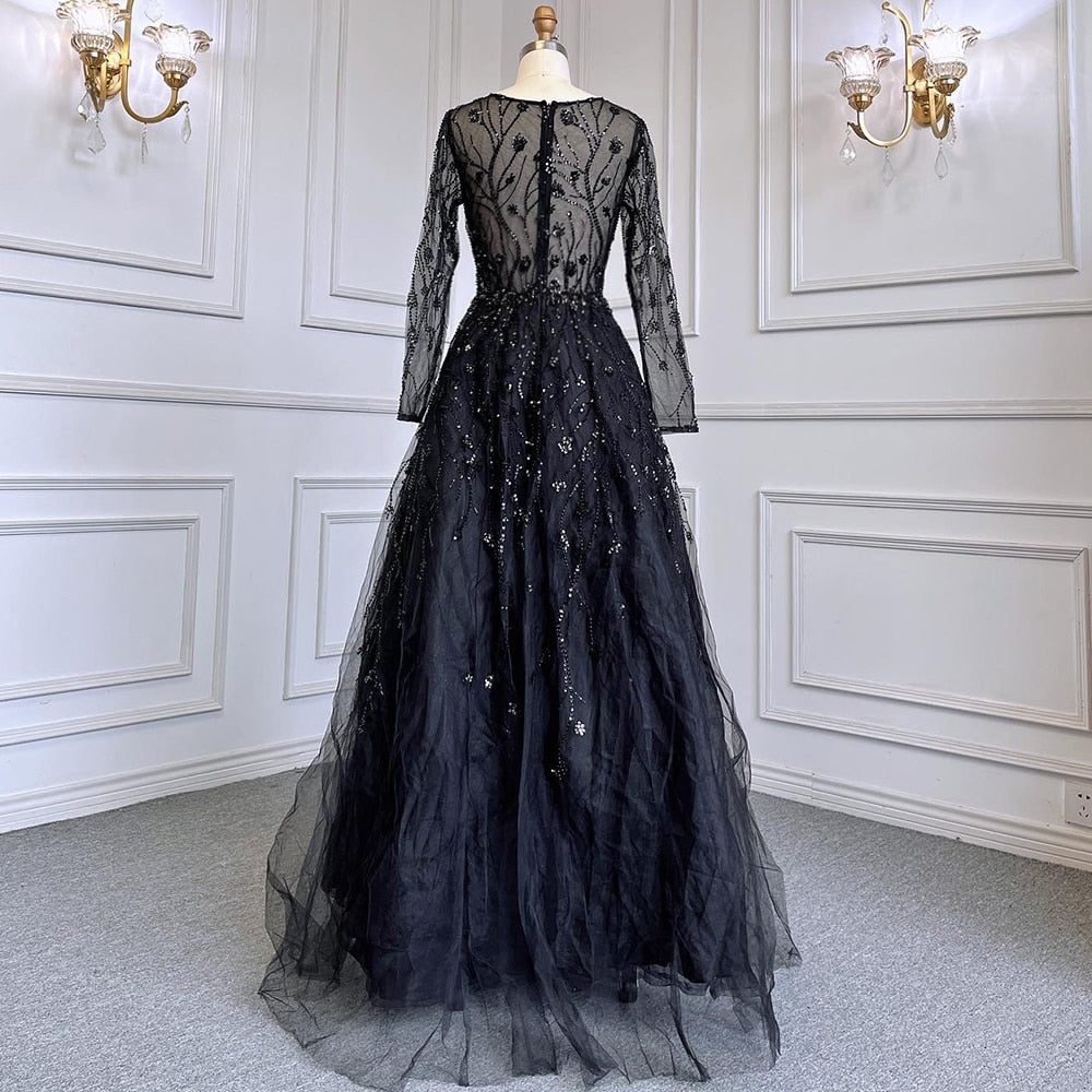 Vestido de noche verde de corte A con escote en V y mangas largas, de lujo, con cuentas, para mujer, boda, fiesta, LA71702