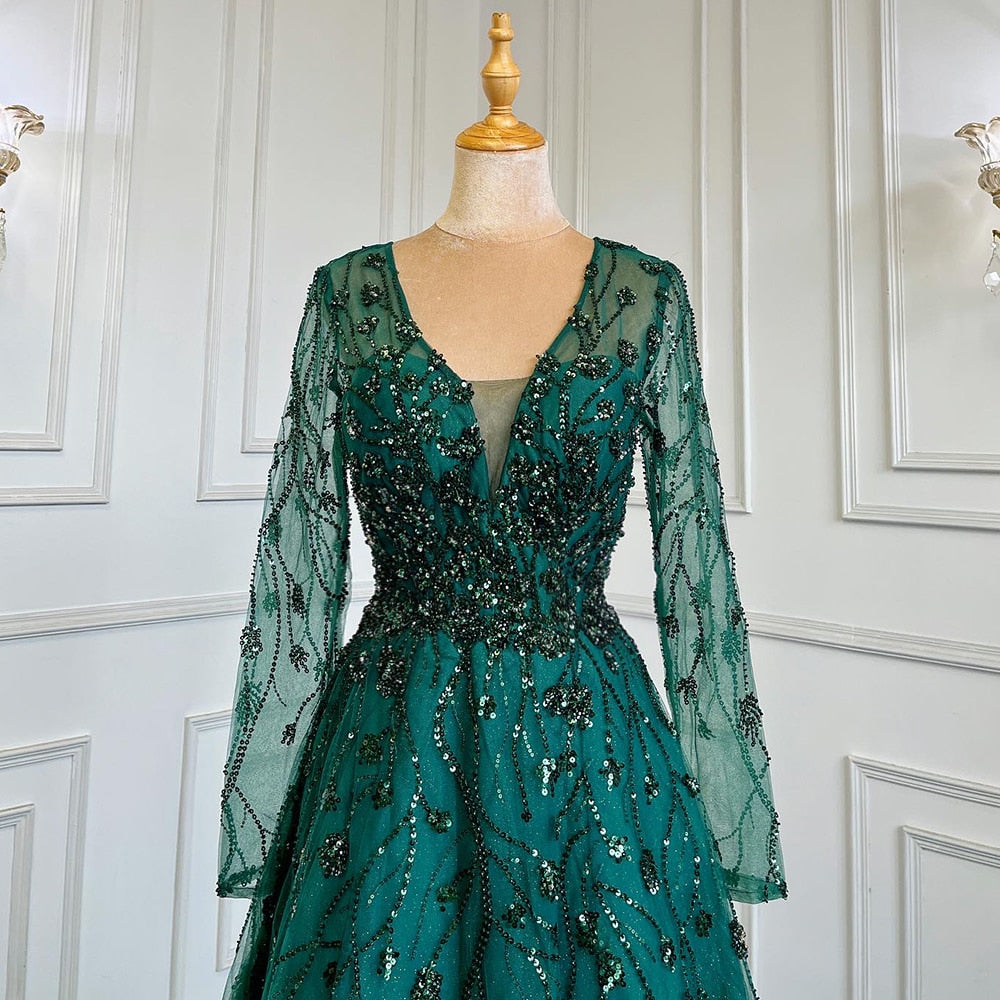 Vestido de noche verde de corte A con escote en V y mangas largas, de lujo, con cuentas, para mujer, boda, fiesta, LA71702