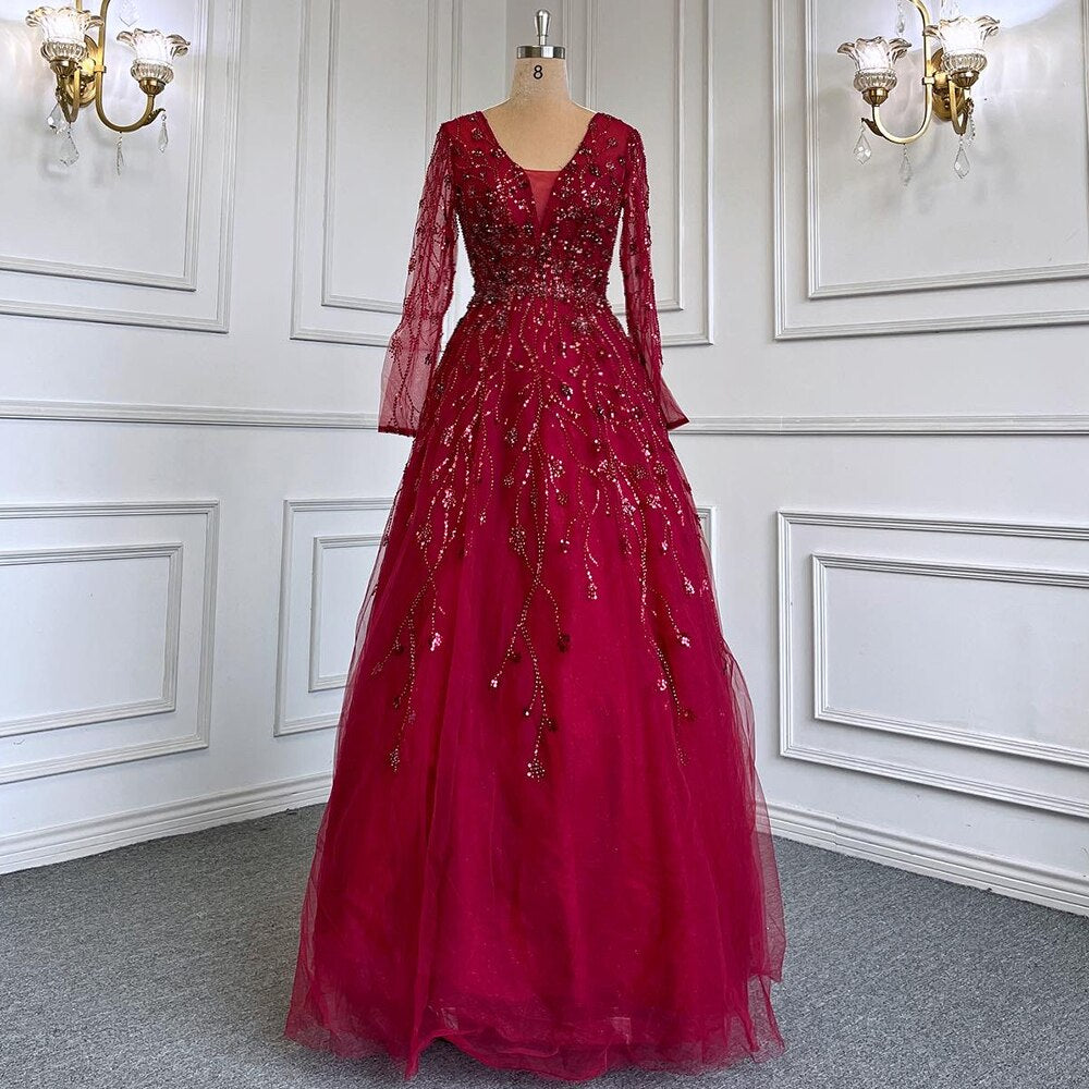 Vestido de noche verde de corte A con escote en V y mangas largas, de lujo, con cuentas, para mujer, boda, fiesta, LA71702