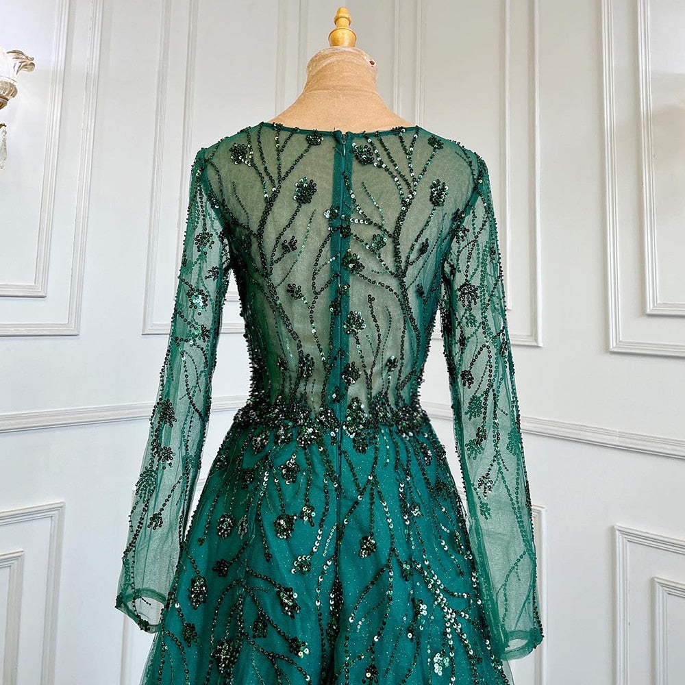 Vestido de noche verde de corte A con escote en V y mangas largas, de lujo, con cuentas, para mujer, boda, fiesta, LA71702