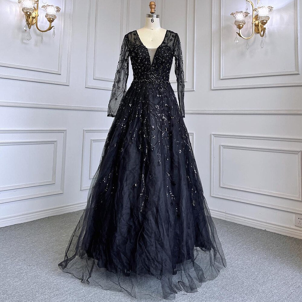 Vestido de noche verde de corte A con escote en V y mangas largas, de lujo, con cuentas, para mujer, boda, fiesta, LA71702