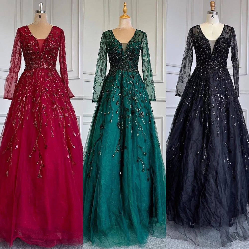 Vestido de noche verde de corte A con escote en V y mangas largas, de lujo, con cuentas, para mujer, boda, fiesta, LA71702