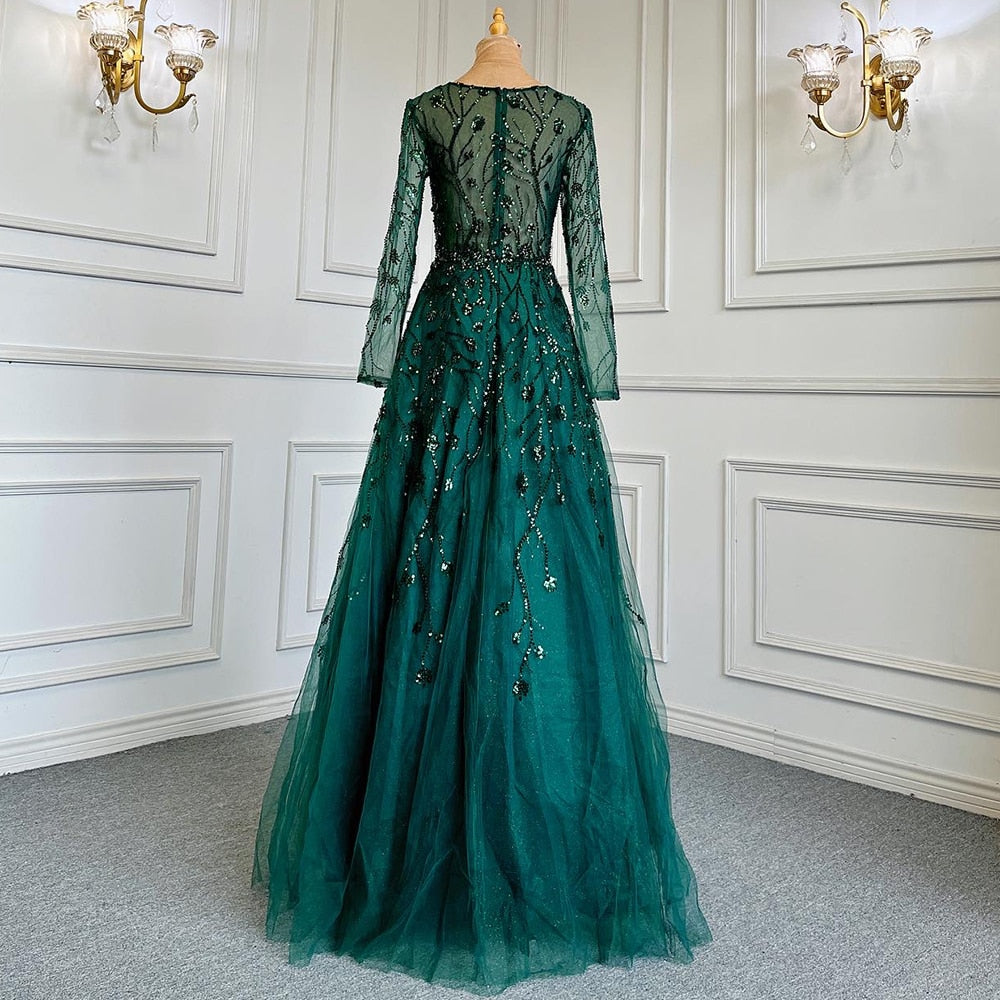 Vestido de noche verde de corte A con escote en V y mangas largas, de lujo, con cuentas, para mujer, boda, fiesta, LA71702