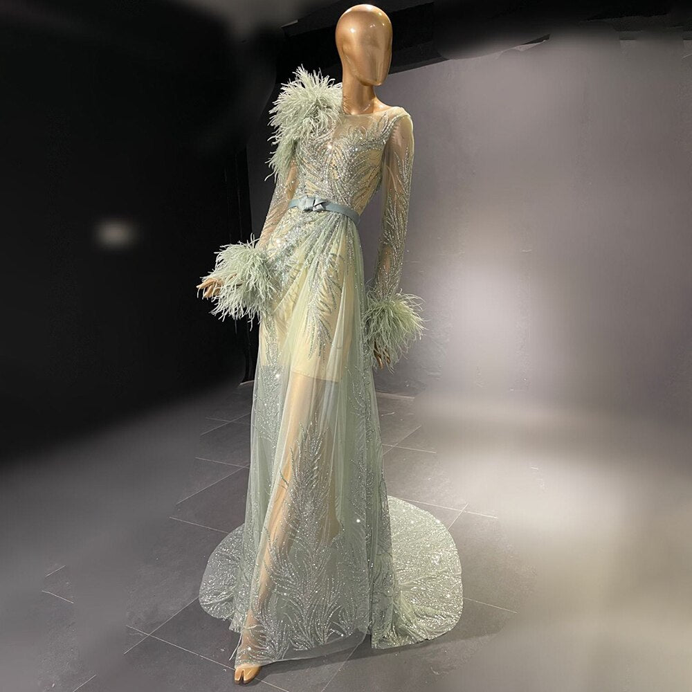 Vestidos de noche verdes con plumas y cuentas, corte A, de lujo, elegantes, para mujer, para fiesta, LA71535