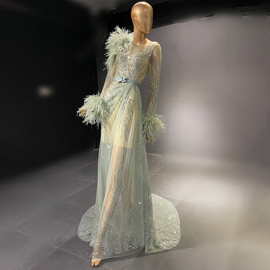 Vestidos de noche verdes con plumas y cuentas, corte A, de lujo, elegantes, para mujer, para fiesta, LA71535