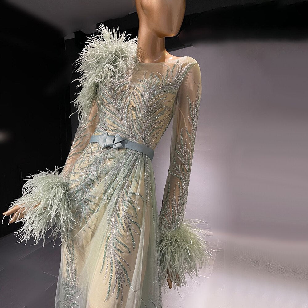 Vestidos de noche verdes con plumas y cuentas, corte A, de lujo, elegantes, para mujer, para fiesta, LA71535