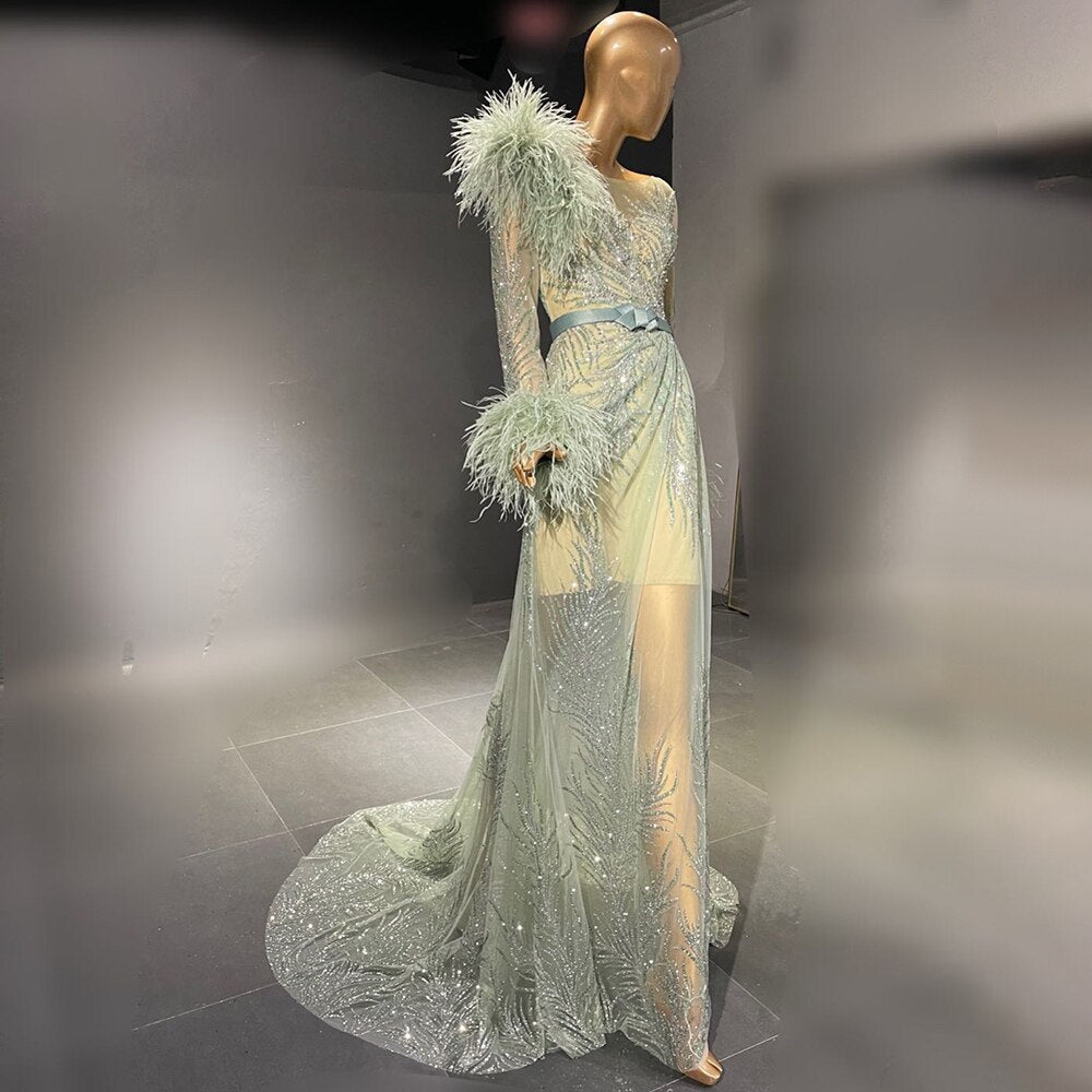 Vestidos de noche verdes con plumas y cuentas, corte A, de lujo, elegantes, para mujer, para fiesta, LA71535
