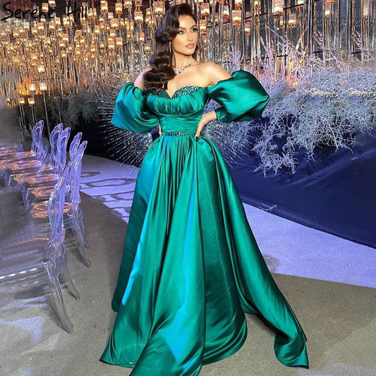 Vestidos de noche de satén verde con cuentas, corte A, largos, para mujer, fiesta, LA71008