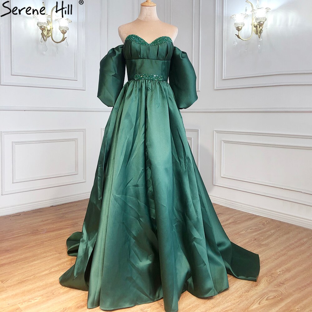Vestidos de noche de satén verde con cuentas, corte A, largos, para mujer, fiesta, LA71008