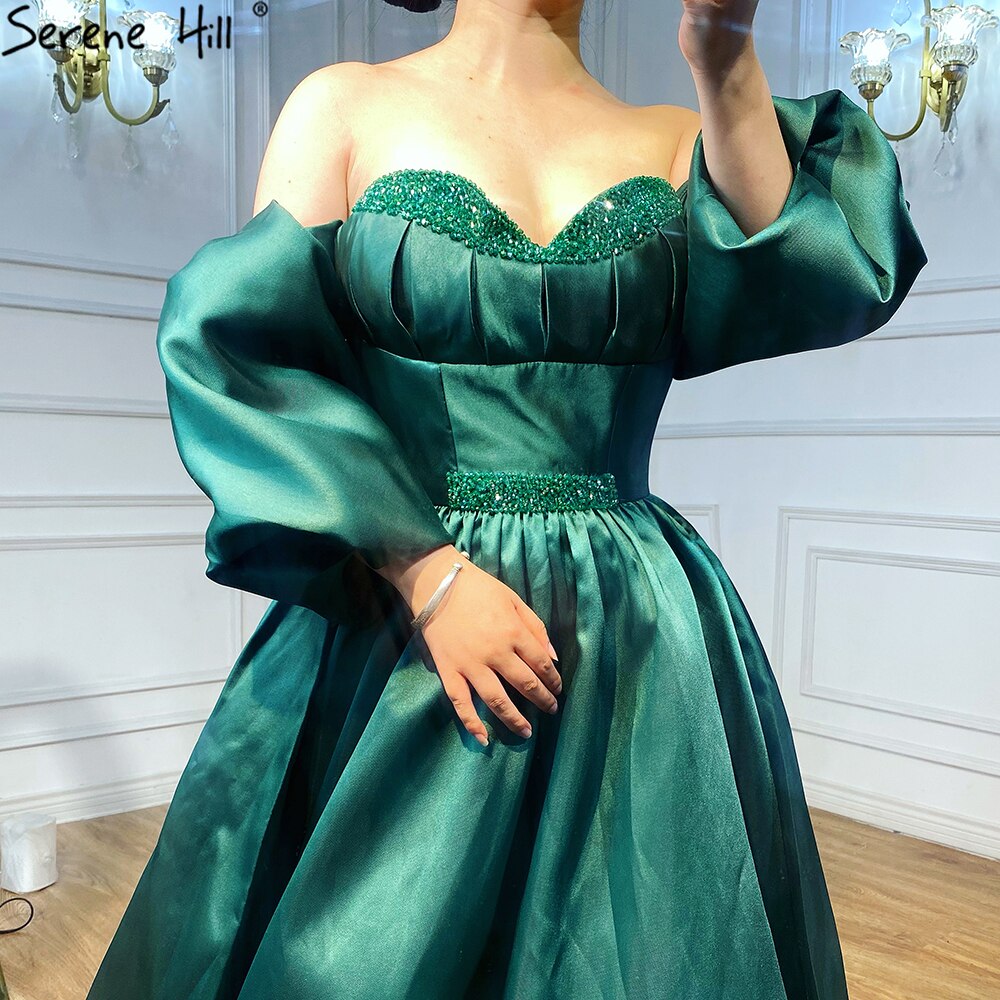 Vestidos de noche de satén verde con cuentas, corte A, largos, para mujer, fiesta, LA71008