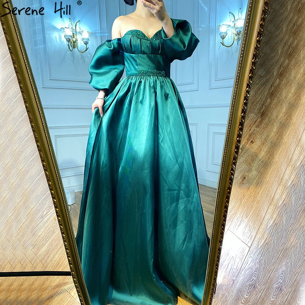 Vestidos de noche de satén verde con cuentas, corte A, largos, para mujer, fiesta, LA71008