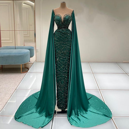 Vestidos de noche de lujo con mangas largas verdes, estilo sirena con cuentas, elegantes, para mujer, fiesta, LA71668