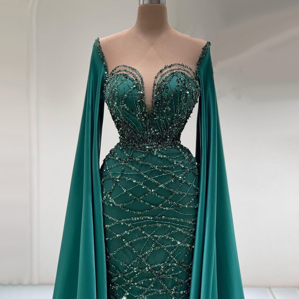 Vestidos de noche de lujo con mangas largas verdes, estilo sirena con cuentas, elegantes, para mujer, fiesta, LA71668