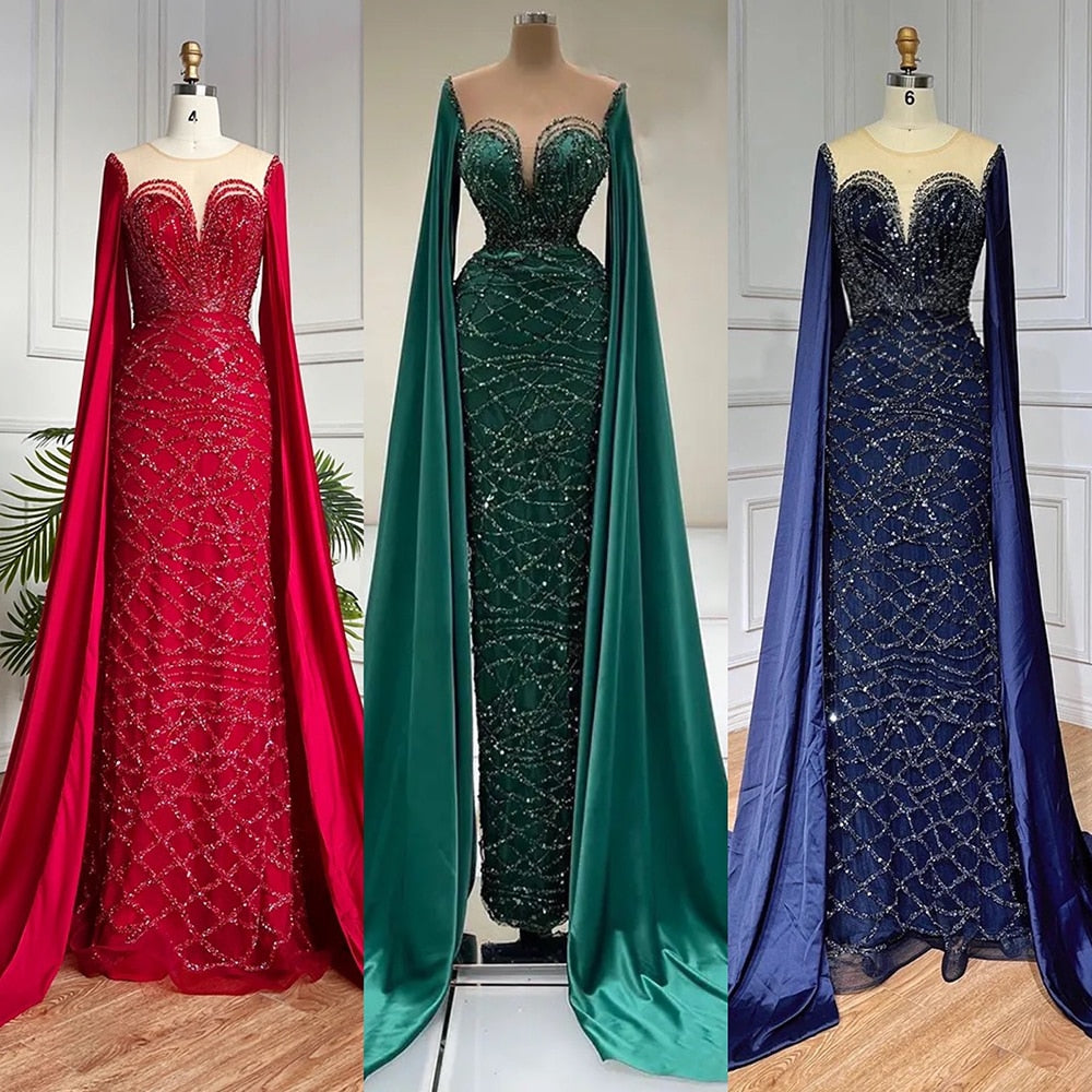 Vestidos de noche de lujo con mangas largas verdes, estilo sirena con cuentas, elegantes, para mujer, fiesta, LA71668