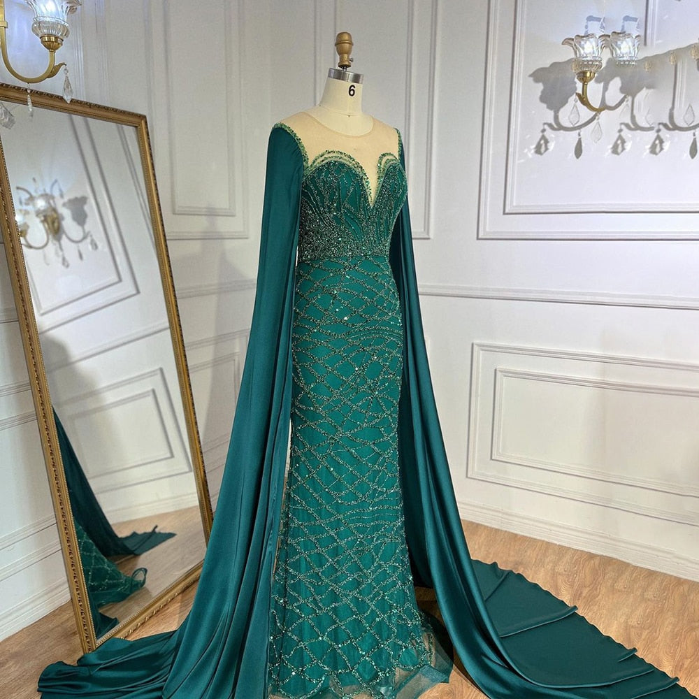 Vestidos de noche de lujo con mangas largas verdes, estilo sirena con cuentas, elegantes, para mujer, fiesta, LA71668