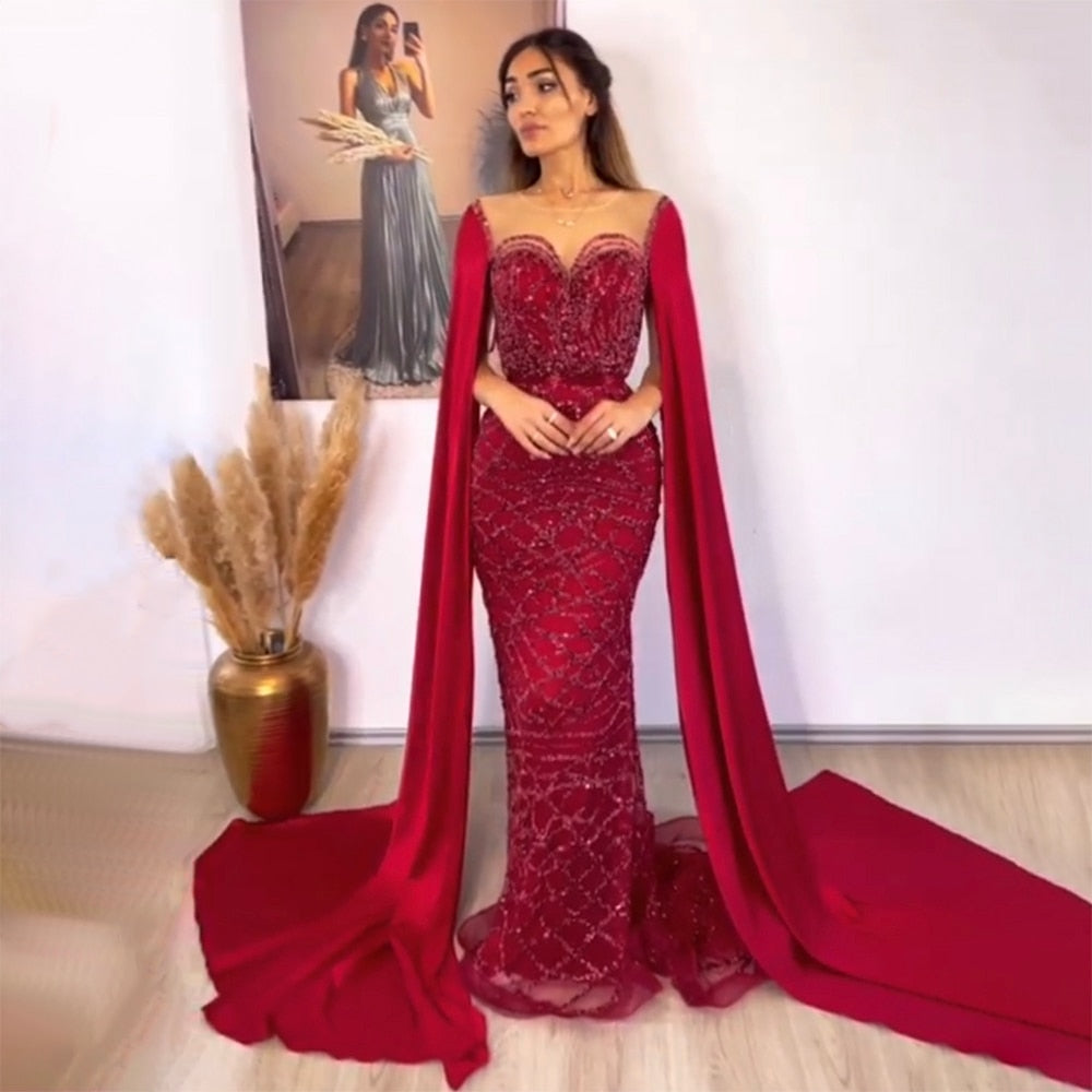 Vestidos de noche de lujo con mangas largas verdes, estilo sirena con cuentas, elegantes, para mujer, fiesta, LA71668