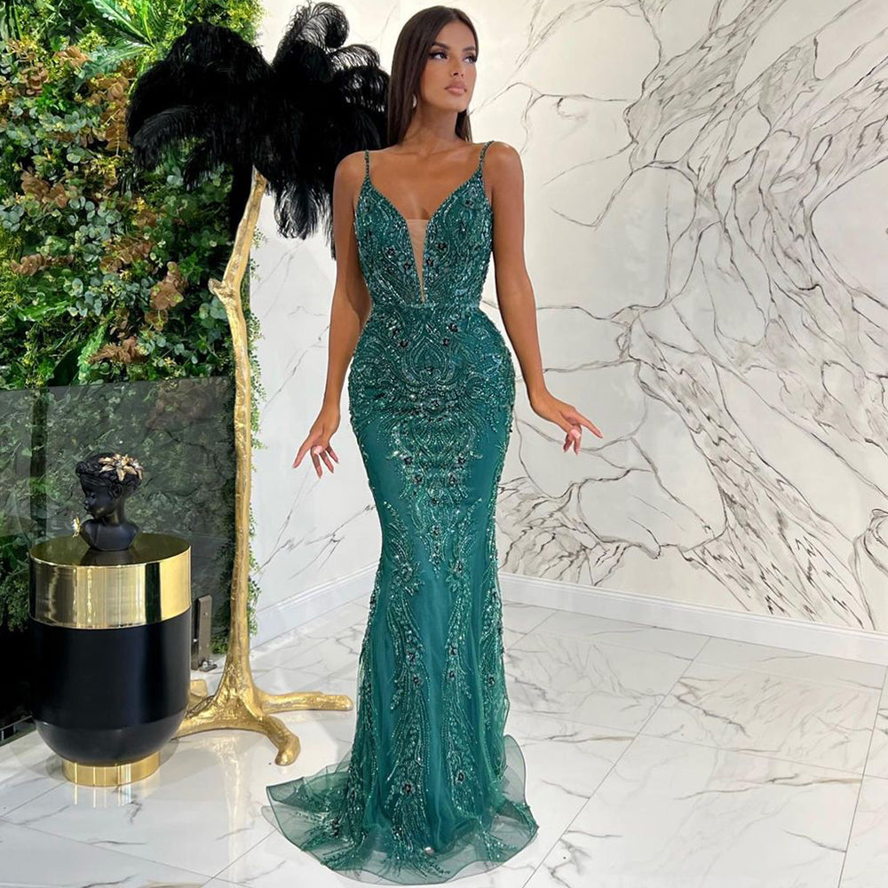Vestido de noche verde con falda desmontable y tirantes finos, elegante, de sirena, de lujo, con cuentas, para fiesta, LA71363