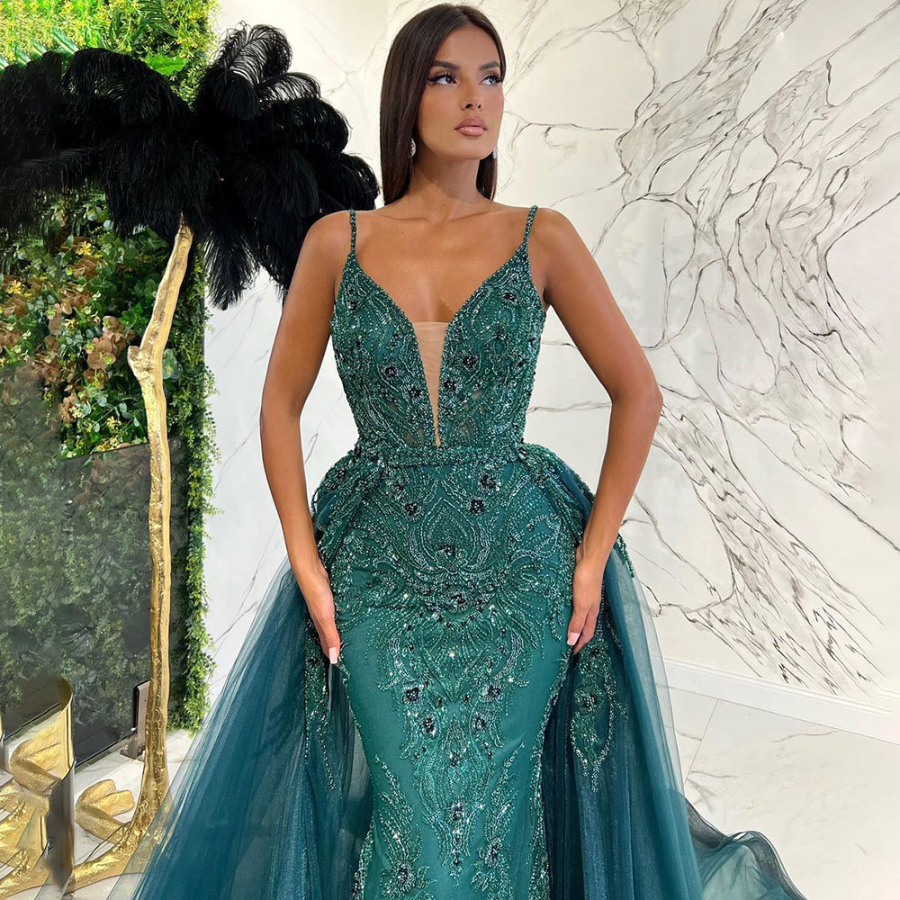 Vestido de noche verde con falda desmontable y tirantes finos, elegante, de sirena, de lujo, con cuentas, para fiesta, LA71363