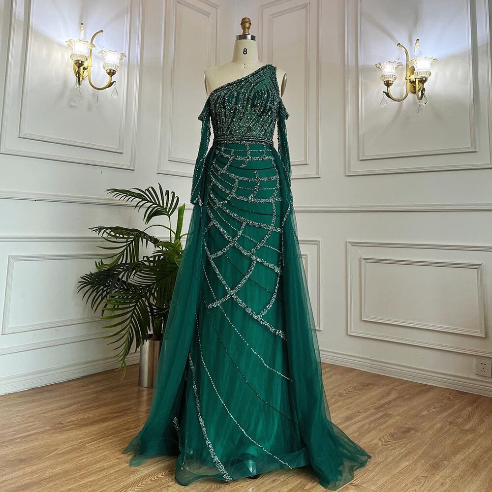 Elegante vestido de noche verde, largo hasta el suelo, corte sirena, sexy, con un solo hombro y cuentas, de lujo, para mujer 2025 LA71894