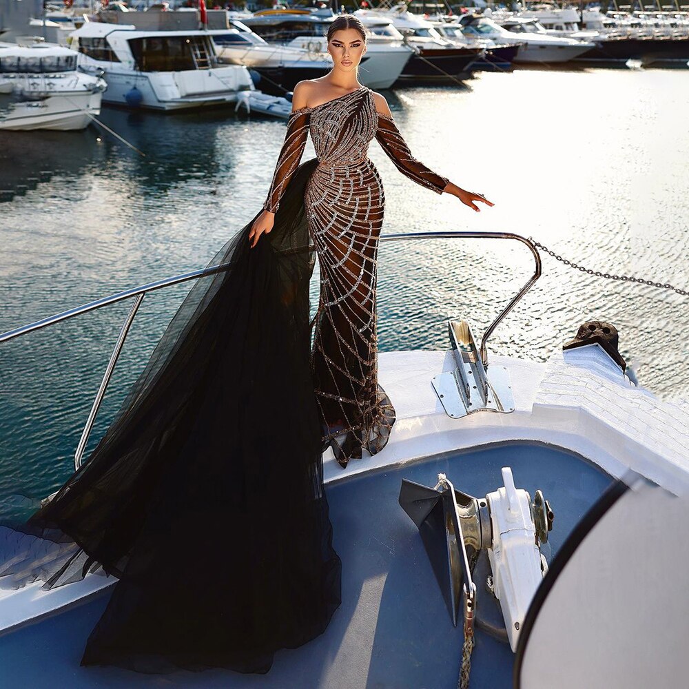 Elegante vestido de noche verde, largo hasta el suelo, corte sirena, sexy, con un solo hombro y cuentas, de lujo, para mujer 2025 LA71894