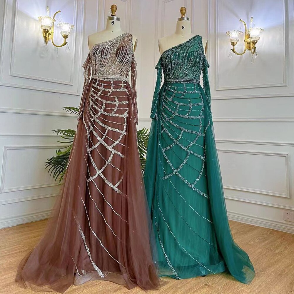 Elegante vestido de noche verde, largo hasta el suelo, corte sirena, sexy, con un solo hombro y cuentas, de lujo, para mujer 2025 LA71894