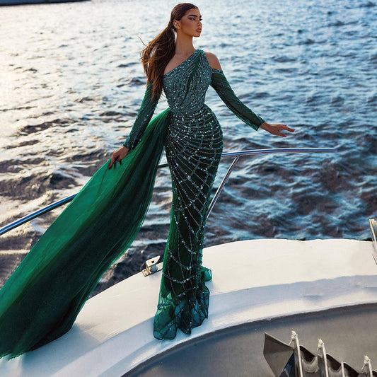 Elegante vestido de noche verde, largo hasta el suelo, corte sirena, sexy, con un solo hombro y cuentas, de lujo, para mujer 2025 LA71894