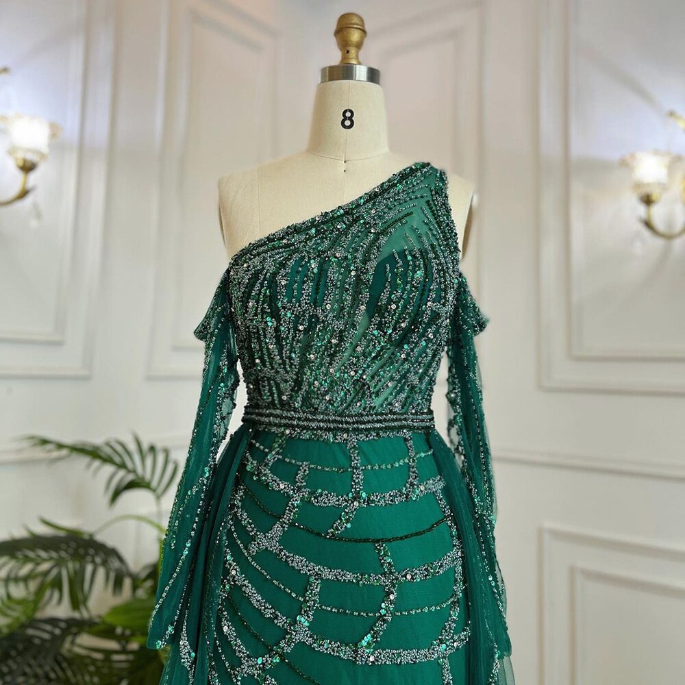 Elegante vestido de noche verde, largo hasta el suelo, corte sirena, sexy, con un solo hombro y cuentas, de lujo, para mujer 2025 LA71894