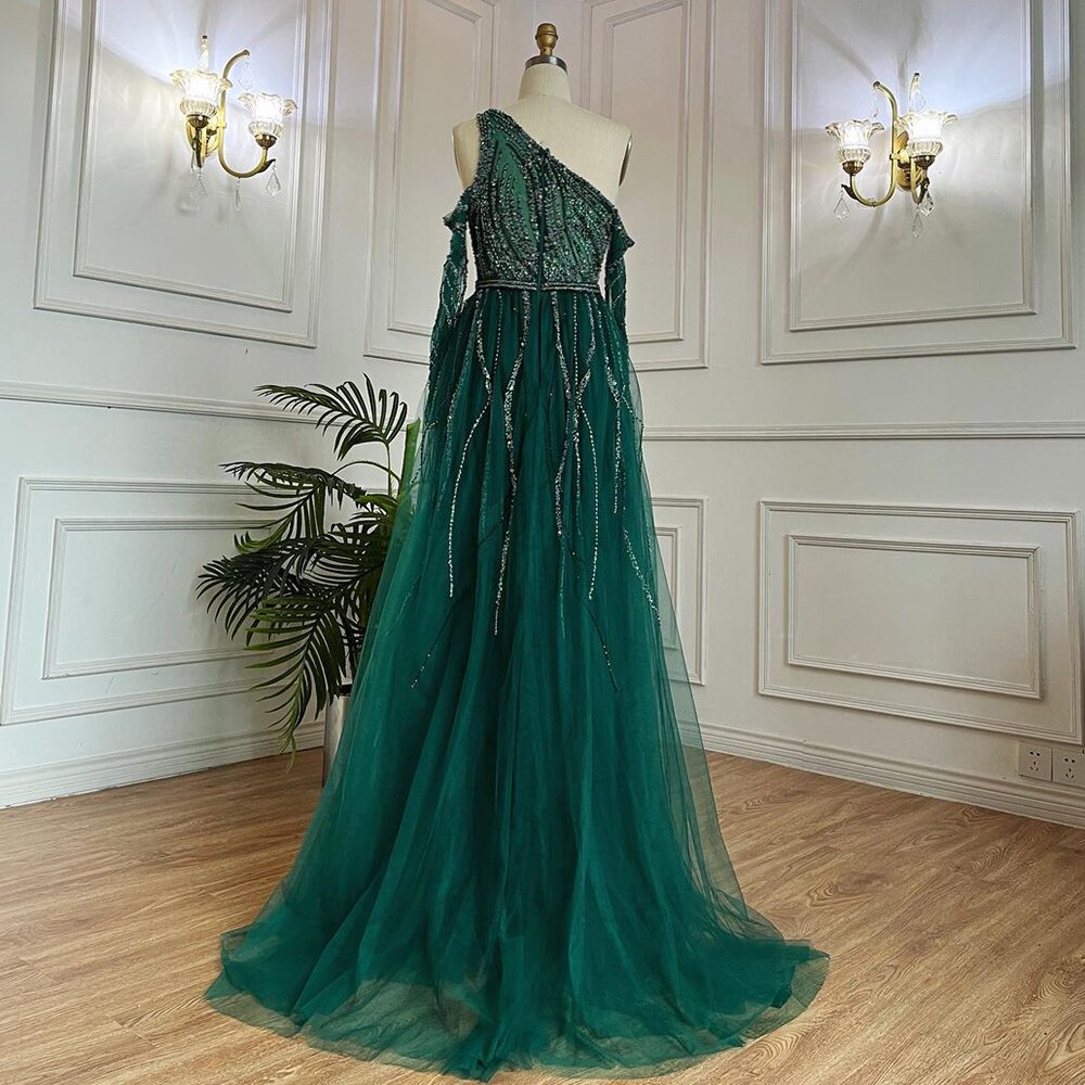 Elegante vestido de noche verde, largo hasta el suelo, corte sirena, sexy, con un solo hombro y cuentas, de lujo, para mujer 2025 LA71894