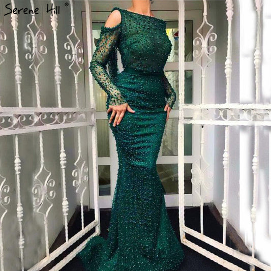 Elegante vestido de noche verde sirena, sin espalda, con cuentas y perlas, de lujo, para mujer, fiesta, LA6340