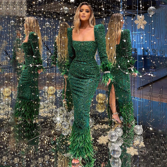 Elegante vestido de noche verde sirena 2025 con plumas y cuentas de lujo para mujer, fiesta LA71576