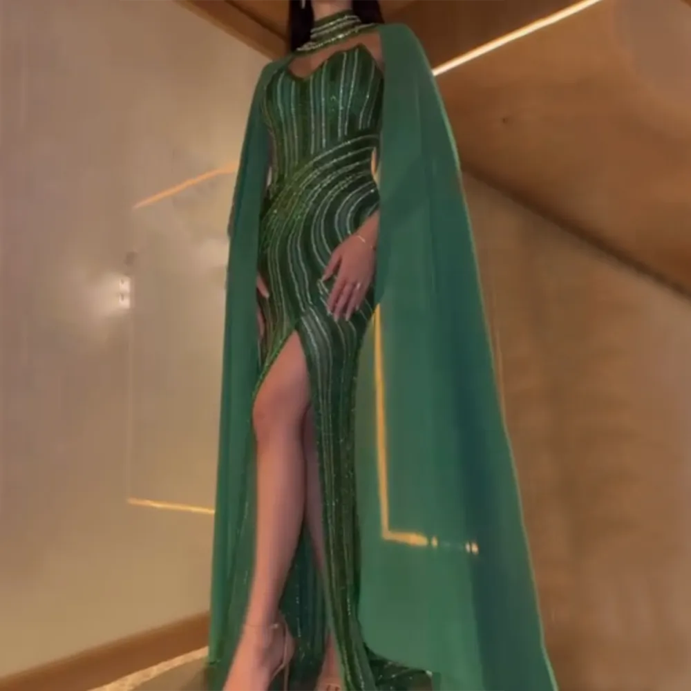 Vestido de noche elegante de sirena verde de lujo, corte alto, mangas estilo capa y cuentas, para mujer, fiesta, LA72073