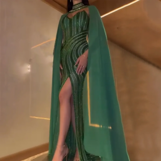 Vestido de noche elegante de sirena verde de lujo, corte alto, mangas estilo capa y cuentas, para mujer, fiesta, LA72073