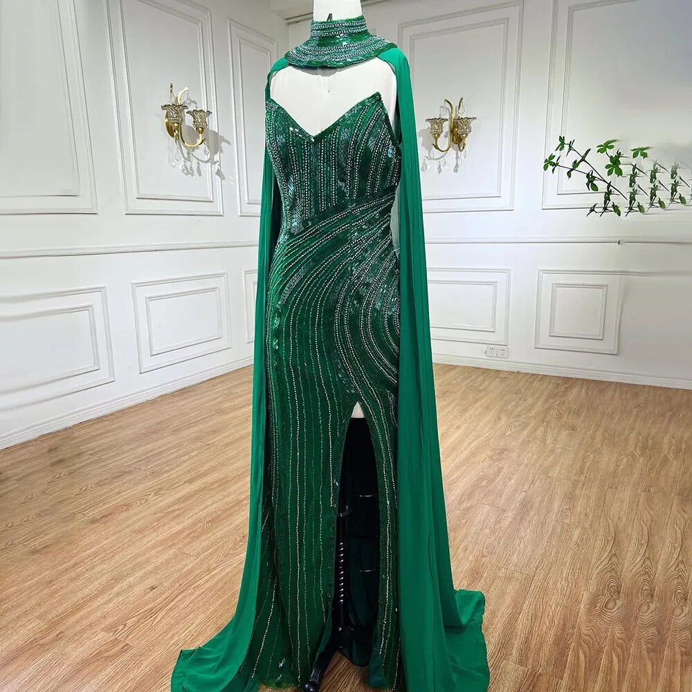Vestido de noche elegante de sirena verde de lujo, corte alto, mangas estilo capa y cuentas, para mujer, fiesta, LA72073