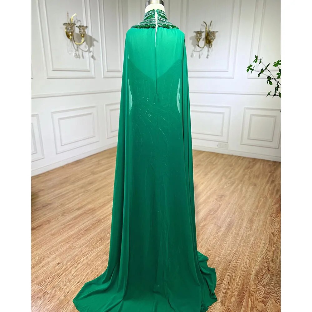 Vestido de noche elegante de sirena verde de lujo, corte alto, mangas estilo capa y cuentas, para mujer, fiesta, LA72073