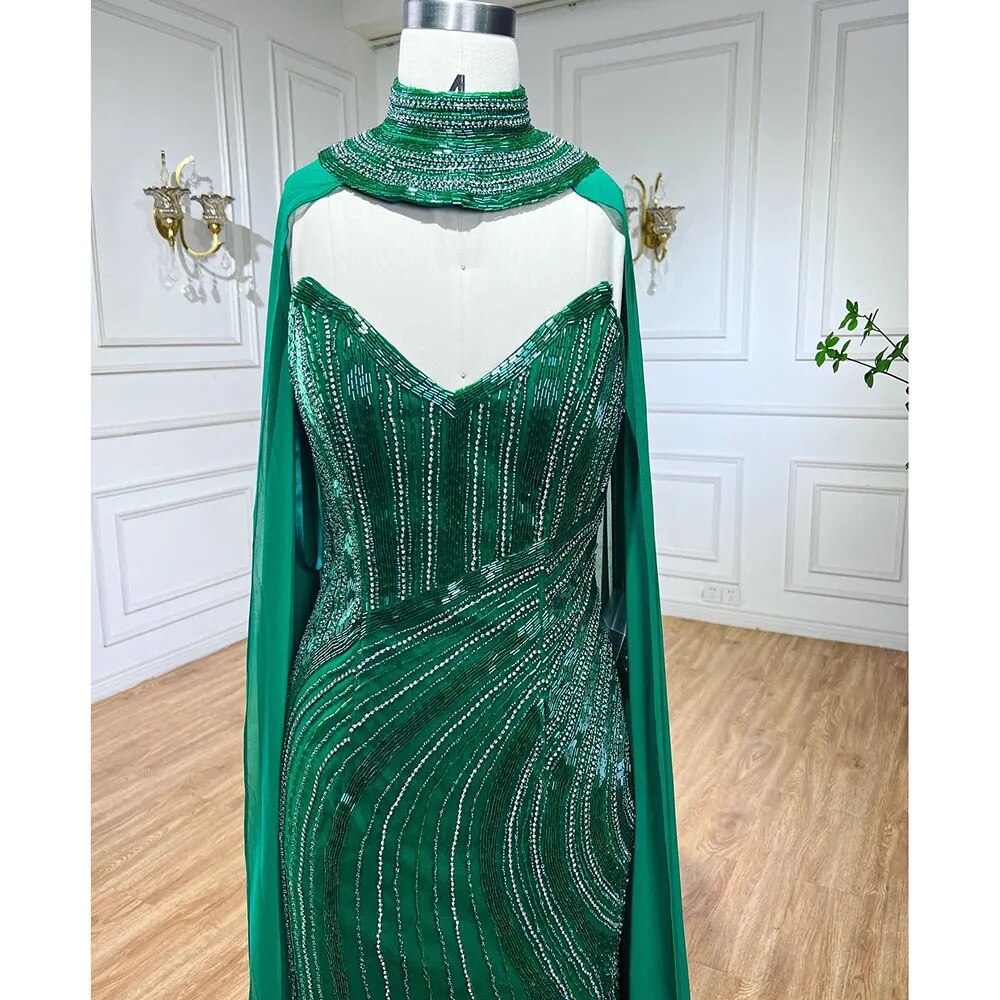 Vestido de noche elegante de sirena verde de lujo, corte alto, mangas estilo capa y cuentas, para mujer, fiesta, LA72073